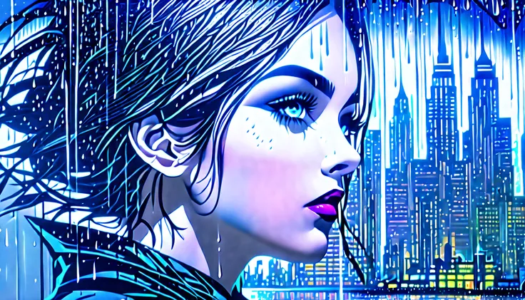 (((double exposure of abstract art of female with dark fantasy rain city scape:1.5))), translucent, highest quality, highly quality, (crisp clarity that is unmatched:1.2), breathtaking intricate insane detailed gouache painting, (((radiosity rendered in st...