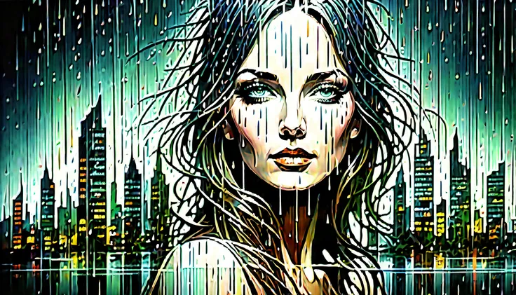 (((double exposure of abstract art of female with dark fantasy rain city scape:1.9))), heavy dripping rain, highest quality, highly quality, (crisp clarity that is unmatched:1.2), breathtaking intricate insane detailed gouache painting,