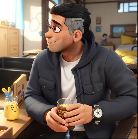 Um homen com brinco e cabelo pequeno e curto preto, com um bigodinho e um cavanhaque pequeno no estilo disney pixar, melhor qualidade, alta qualidade