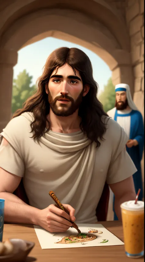 Pixar drawing model Luca of Jesus of Nazareth eating with his friends