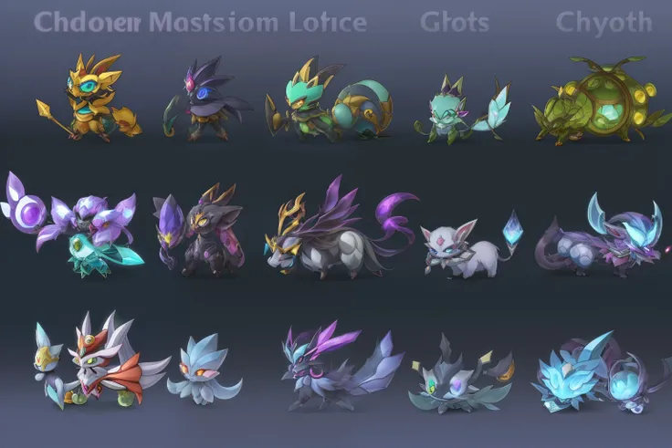 Close-up of a bunch of different types of Pokémon, species fusion, A set of high-quality HD elves, Cute cyber god, style of league of legends, All skeletons, correct style, characters merged, League of Legends style, league of legends art style, conceptual...