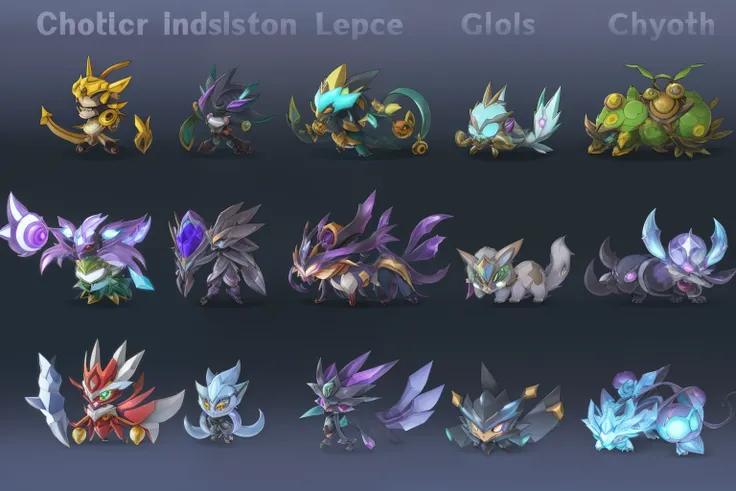 Close-up of a bunch of different types of Pokémon, species fusion, A set of high-quality HD elves, Cute cyber god, style of league of legends, All skeletons, correct style, characters merged, League of Legends style, league of legends art style, conceptual...