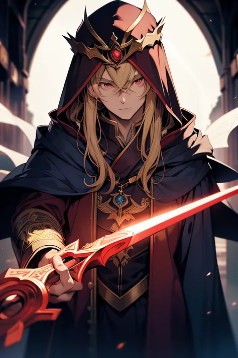 1boy, long blonde hair, red eyes, holding staff, wearing blue robes, mage, robes covering head, dark background, light rings around head, elf, absurdres, high res, ultra sharp, 8K, masterpiece, looking sideways