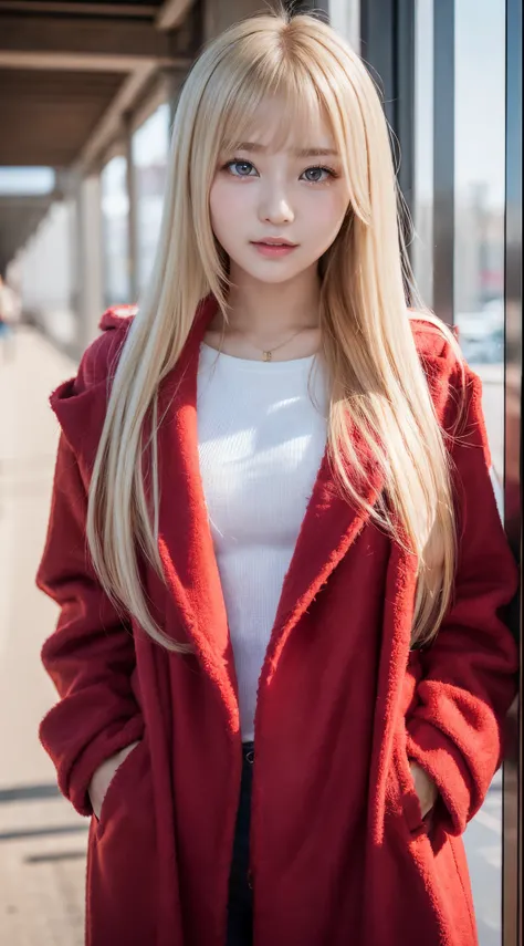 Sexy and very beautiful cute face、shiny beautiful skin、White beautiful skin、Beautiful pale light blue eyes, Beautiful very long blonde hair、(blondehair:1.3)、Lots of sexy bangs、18 years old cute little face beautiful girl、wearing a thick coat、(red thick coa...