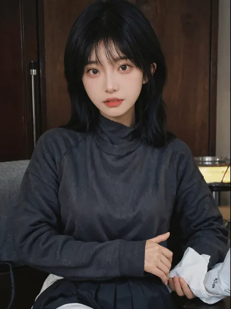 Best quality， 超高分辨率， （realistically：1.4）， A woman with long black hair and a gray sweater, The middle view is, JK school uniform，under a ray of sunshine，She has black hair，through bangs, young lovely Korean faces, Cute Korean face, Urzans, Shin Jinying, be...