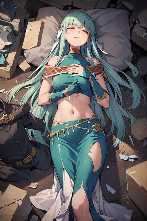 Ninian is lovingly languid in a demolished active castle battle after losing a tough battle, lieing lifeless and inert on debris, rubble, and weapons with torn pieces of fabric out of her dress. Her blue dress was torn completely in the midriff section, ar...