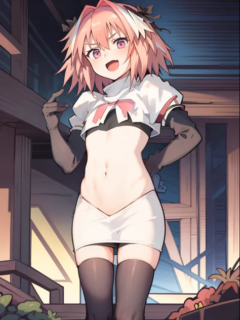 absurdres, masterpiece, best quality, (astolfo fate:1.2155), 1boy, male focus, trap, pink multicolored hair, pink hair, white hair, hair intakes, long hair, pink detailed eyes, crossdressing,1boy,team rocket,team rocket uniform,white skirt,crop top,black t...