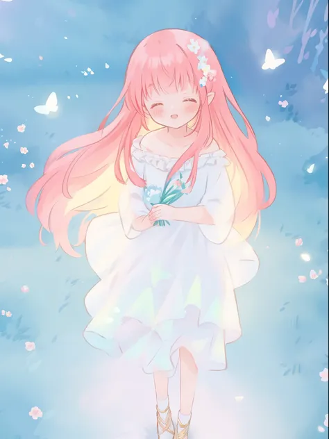 beautiful fairy girl in sparkling white ballgown, puffy flowing ballgown, sheer fluttering sleeves, ((glowing sheer layered dress)), long red gold hair, colorful fantasia background, delicate white flowers in her hair, watercolor illustration, glowing ligh...