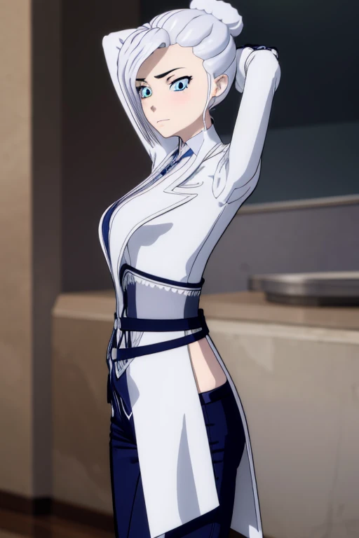 winterschnee, winter schnee, blue eyes, white hair, hair bun, single hair bun,
BREAK gloves, boots, necktie, black gloves, belt, pants, black footwear, uniform, high heels, coat, blue pants, knee boots, black necktie, high heel boots, white coat, 
BREAK in...