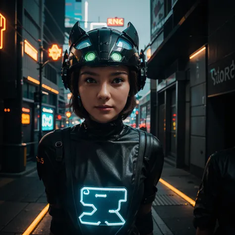 -11-15 12:16:26
Write a short story about a woman wearing a cyberhelmet headgear mask, standing on the neon-lit streets of a futuristic city. Explore her journey and the reasons behind her choice to wear the cyberhelmet headgear mask.