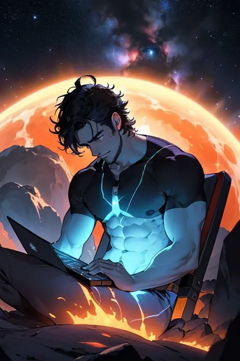 Draw a young programmer sitting on a research platform floating in the middle of an asteroid belt. com um lobo e uma lua. Hes studying with a laptop, surrounded by several asteroids glowing with auras of fire. The dramatic illumination of distant stars and...