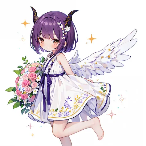 （(with a large bouquet：1.3)），1girl in, Solo, Barefoot, Hair Ornament, Smile, Dress, Horns, White background, Simple background, Brown eyes, hair clips, White Dress, Short hair, blush,, From the side、 Purple hair, Looking at Viewer, Arms up, Standing, Close...