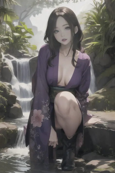 ((Japan-style architecture on the banks of a dark waterfall)),((Japanese-style building with a terrifying atmosphere)), ((Next to a beautiful waterfall basin)), ((Sharp bewitching eyes))、((A sexy))、pale skin、(((1 girl in:1))), ((pale skin))、Melancholy beau...