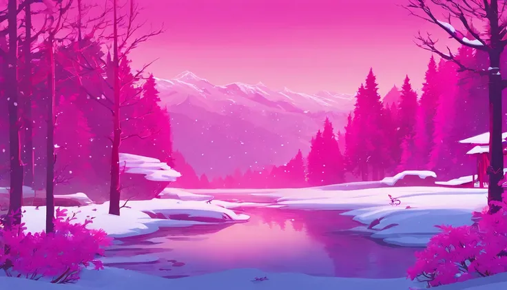 "Generate an exceptionally detailed scene of a dimly lit snowy wonderland, rich with micro-details, and bathed in a captivating magenta-themed glow. Envision a serene winter landscape, each snowflake delicately outlined in the soft, dim light. Highlight th...