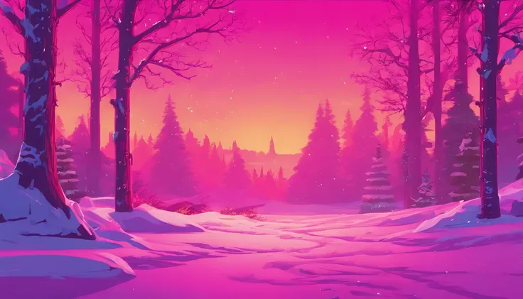 "Generate an exceptionally detailed scene of a dimly lit snowy wonderland, rich with micro-details, and bathed in a captivating magenta-themed glow. Envision a serene winter landscape, each snowflake delicately outlined in the soft, dim light. Highlight th...