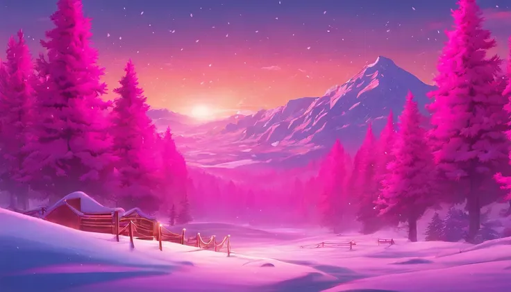 "Generate an exceptionally detailed scene of a dimly lit snowy wonderland, rich with micro-details, and bathed in a captivating magenta-themed glow. Envision a serene winter landscape, each snowflake delicately outlined in the soft, dim light. Highlight th...