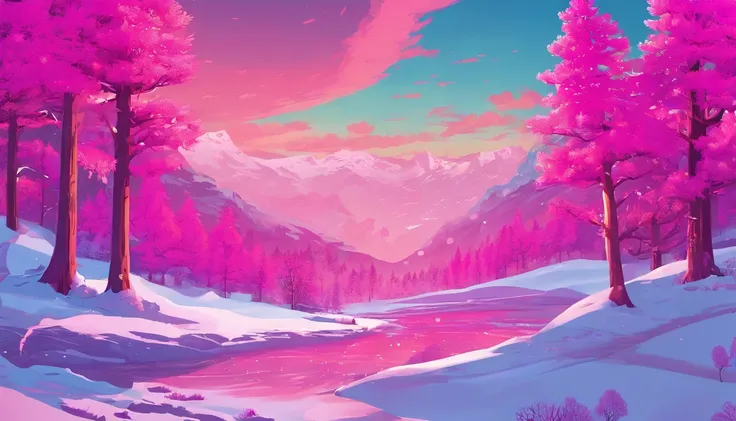 "Generate an exceptionally detailed scene of a dimly lit snowy wonderland, rich with micro-details, and bathed in a captivating magenta-themed glow. Envision a serene winter landscape, each snowflake delicately outlined in the soft, dim light. Highlight th...