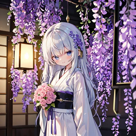 （(with a large bouquet：1.3)），1girl in, Solo, Hair Ornament, Smile, ornamented、ren、Japanese dress、Wisteria flowers、Hang a lamp on a stylish pole、Japanese and Western eclectic、Dark、the lamp shines strangely、murky、cloth hanging from the ceiling、