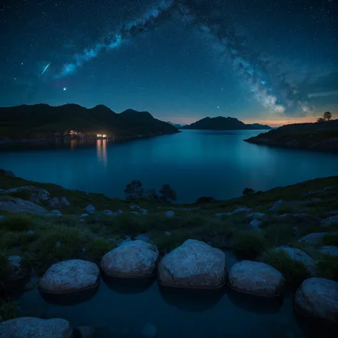 4K,{Dynamic},Ultra-fine,(nigh sky:1.5),(masutepiece),(Best Quality, High quality:1.4),,Hyper realistic,Dynamic,Perfect Anatomy,{Suppose you are in a warm room. }From the window, you can see the night sky and a landscape with water. The temperature inside t...