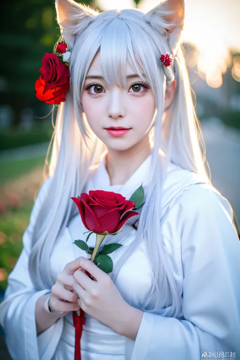 high-definition picture,three girls，1 wearing a white dress、there is a woman with red roses in her hair, anime cosplay, anime gi...