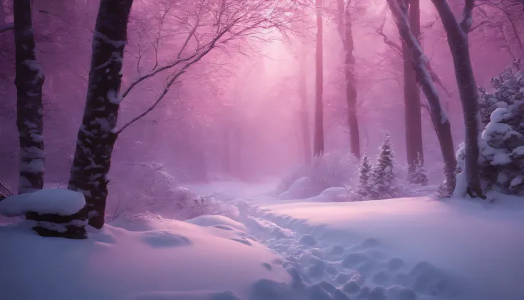 "Generate an exceptionally detailed scene of a dimly lit snowy wonderland, rich with micro-details, and bathed in a captivating magenta-themed glow. Envision a serene winter landscape, each snowflake delicately outlined in the soft, dim light. Highlight th...