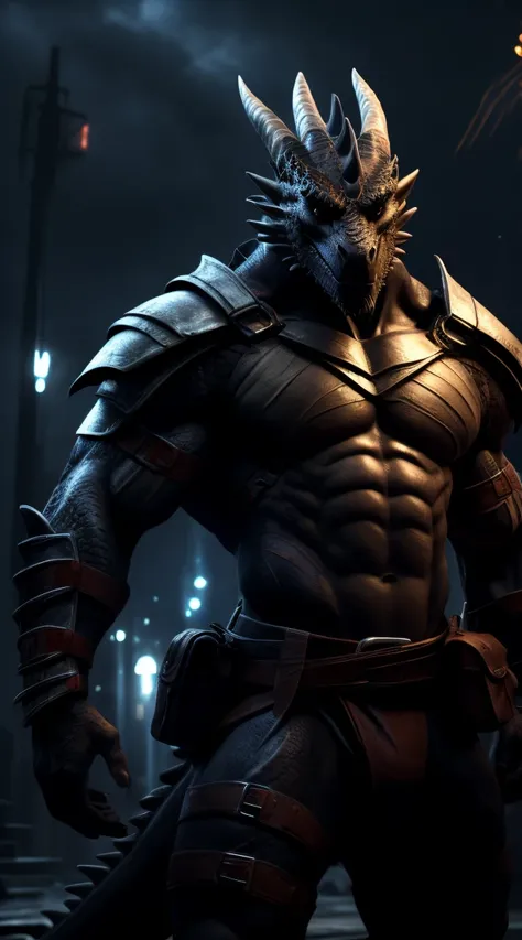 A dragon man, muscular, illustration, (best quality, 4k, highres, masterpiece:1.2), ultra-detailed, realistic, horror, sharp focus, vivid colors, nighttime lighting, abs, light armor, black body with scales, black eyes, in motion, belts with pouches and ba...