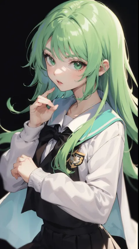 Anime style, green hair, high school uniform, Black Uniform, Simple background, Bright sweaters，This is a cute loli