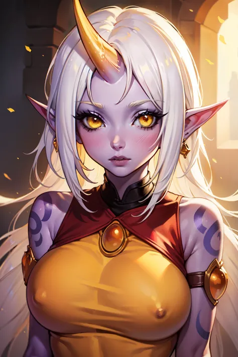 (masterpiece, best quality, ultra-detailed), SorakaLoL, white hair, long hair, yellow_sclera, pointy ears, horn, body_tattoos, purple skin, large breasts, yellow dress, bare shoulders, jewelry, (portrait shot, upper body), looking at viewer