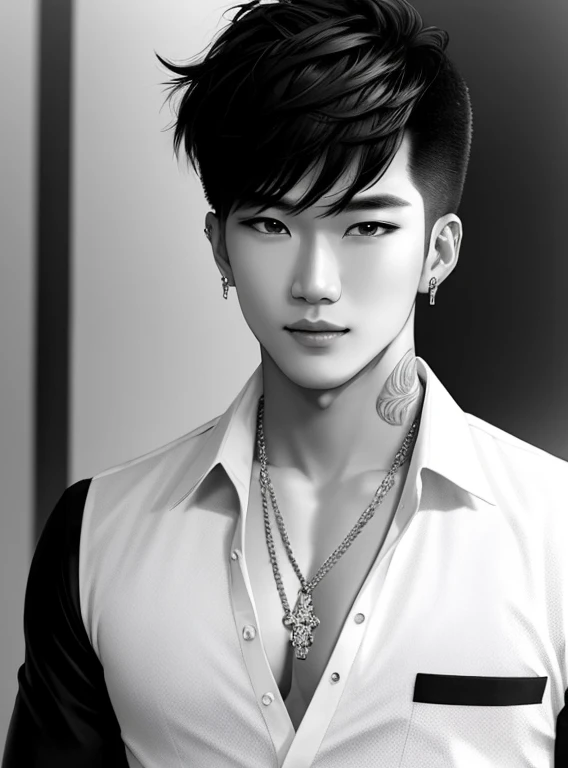 man, handsome, Korean bad boy, ultra-detail,hyper detail,cinematic light, bara,stand,White Studio,black and white filter,closeup,Front,Looking at the audience from the front,Manhwa style,Unbutton your shirt.,chest tattoo,black hairr,messy bangs,emo haircut...