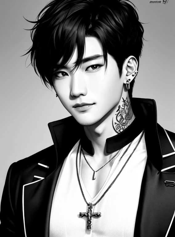 man, handsome, Korean bad boy, ultra-detail,hyper detail,cinematic light, bara,stand,White Studio,black and white filter,closeup,Front,Looking at the audience from the front,Manhwa style,Unbutton your shirt.,chest tattoo,black hairr,messy bangs,emo haircut...