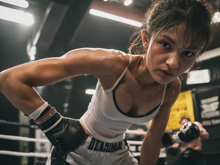 (best quality,4k,8k,highres,masterpiece:1.2), ultra-detailed, (realistic,photorealistic,photo-realistic:1.37), grungy boxing gym, small breasts, flat chest, muscular Japanese woman, boxing, Zendaya Coleman, intense sweating, dim lighting, sweaty hair, swea...