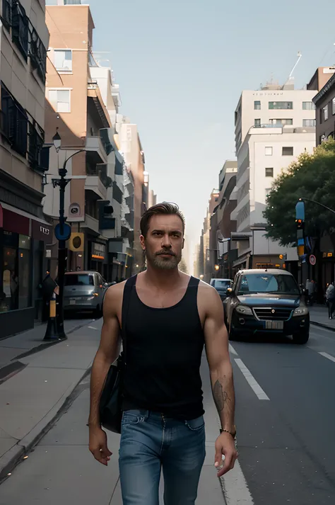 12K, HRD, film grain, 100 ASA, The image shows a man walking down a city street, wearing a black tank top and blue jeans. She is also carrying a bag. The street is busy with several other people walking and there are several cars parked or driving along th...