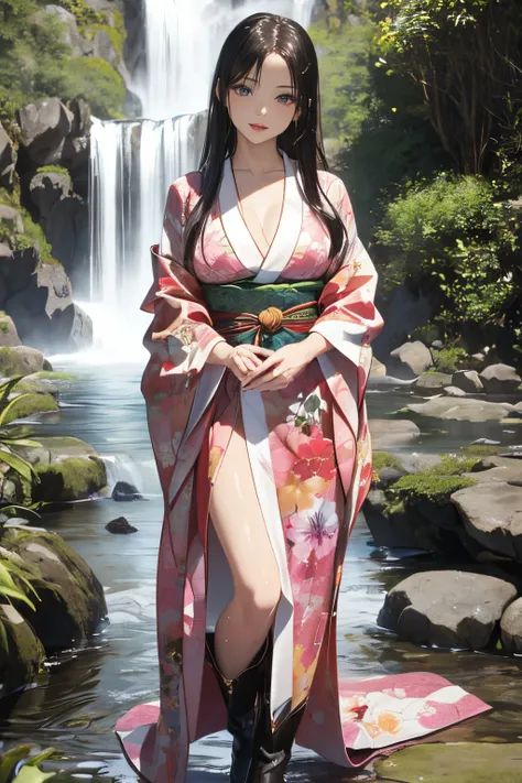 ((a beautiful woman standing in a waterfall basin)),((next to a beautiful waterfall basin)), ((sharp bewitching eyes))、((a sexy)...