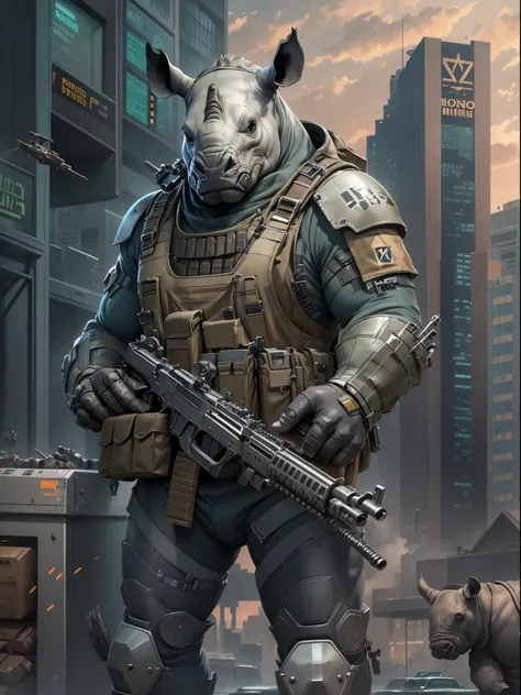 Solo, single, humanoid, rhino, rhinos head, armored suit, ammunition belt, holding a machine gun, holding a gun, standing, smug, combat boots, bank backdrop, bank robber, mutant