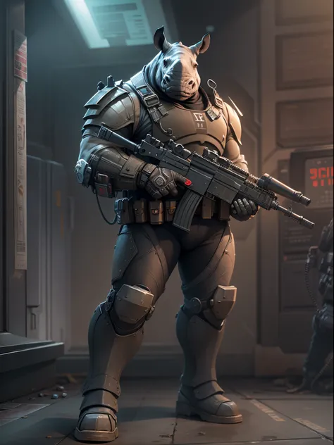 Solo, single, humanoid, rhino, rhinos head, armored suit, ammunition belt, holding a machine gun, holding a gun, standing, smug, combat boots, bank backdrop, bank robber, mutant