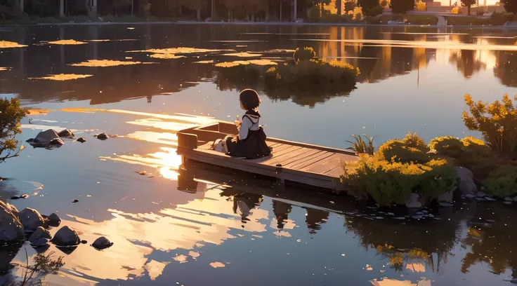 ((Top  Quality)), ((​masterpiece)), (Detailing), A girl making a wish on a quiet lakeside, a touching scene. oriental girl, Beautifully rendered down to the smallest detail., You can see bubbles gently blowing into the air.., Each with hopeful wishes. Bubb...