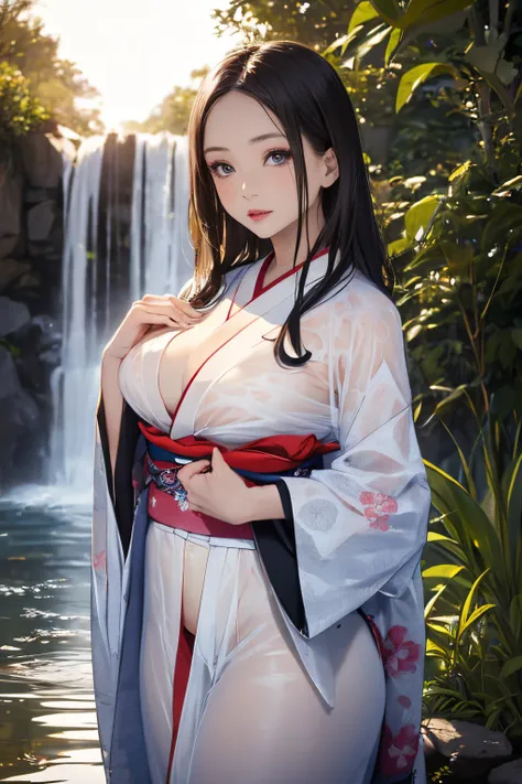 ((Waterfall basin on a moonlit night)),((beautiful woman standing in the pond)),((Beautiful half-naked woman inside a beautiful waterfall basin)), ((Sharp bewitching eyes))、((A sexy))、(((See-through kimono:1.3)))、((Kimono made of thin cloth wet with water:...