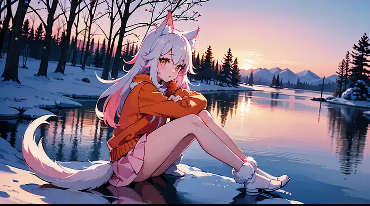 senko-san, loli, big freezed lake, winter, multicolored hair, white hair, pink hair, orange skirt, orange sunset, 1girl, hi resolution, 4k, sakura, snowed lake, pink scratches on a face, skirt with fur, white ears, ears with fur, cute face, whie-pink hair,...