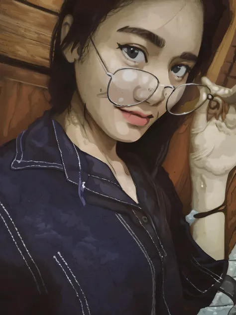 a close up of a woman wearing glasses and a denim shirt, with glasses, student, with glasses on, with accurate face, glasses, with sunglass, dang my linh, girl with glasses, spectacled, 2 2 years old, girl wearing round glasses, 18 years old, handsome girl...