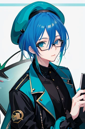 (Best Quality, masutepiece:1.2),1boy,Anime young man with blue hair and glasses in a black jacket, live2d virtual youtuber model, 2 d anime style, anime moe art style, paint tool sai!! Blue, anime stylized, Stylized anime, 2 D Anime, bright green eyes,bere...