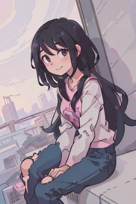 (best quality:0.8) perfect anime illustration, a pretty, happy woman with long black hair, smiling, wearing pink sweater, jean pants, hands on legs,araffe sitting on a ledge in front of a ferris wheel, 2 7 years old, 2 8 years old, cindy avelino, 2 9 years...