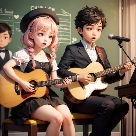 Boy and girl taking music lessons ,notas musicales,escuela,caricatura ,chibi,highest qualityr,hd,obra maestra