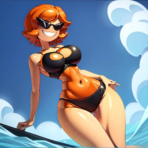 1girl, solo, sunnymiamitf, huge breasts, narrow waist, wide hips, Sunglasses, teeth, straight hair, short hair, orange hair, black swimsuit, beach