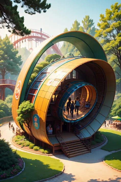 natural amusement park,There are many numbers,Botanical landscape,There is a semicircular slide inside the huge rabbit-shaped resting area.,people,Illustration style