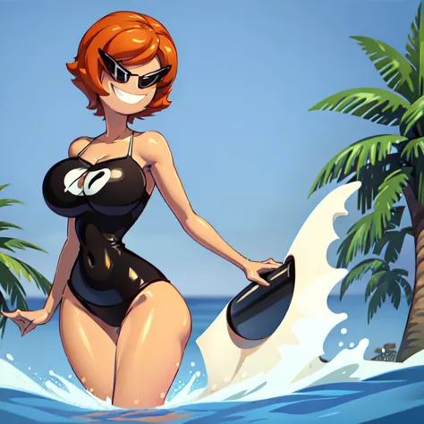 1girl, solo, sunnymiamitf, huge breasts, narrow waist, wide hips, Sunglasses, teeth, straight hair, short hair, orange hair, black one-piece swimsuit, beach