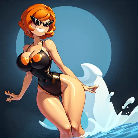 1girl, solo, sunnymiamitf, huge breasts, narrow waist, wide hips, Sunglasses, teeth, straight hair, short hair, orange hair, black one-piece swimsuit, beach