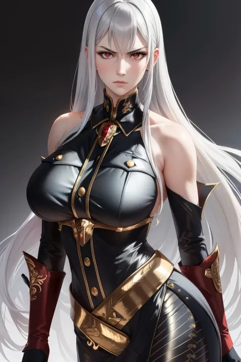 masterpiece, best quality, selvaria, black shirt, bare shoulders, detached sleeves, belt, black pants, black gloves, upper body,...