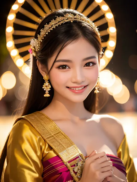 8k,A captivating Portriat image of a stunning Thai woman with an enchanting presence, adorned in traditional Thai attire. Highlight her gracefully poised face, eyes sparkling with radiance, and a captivating smile. immersed in the joyous preparation for Lo...