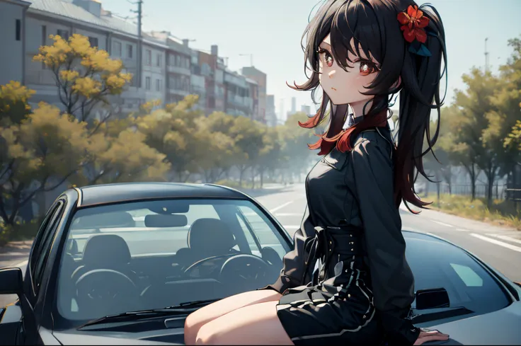 sitting on the hood of a black car