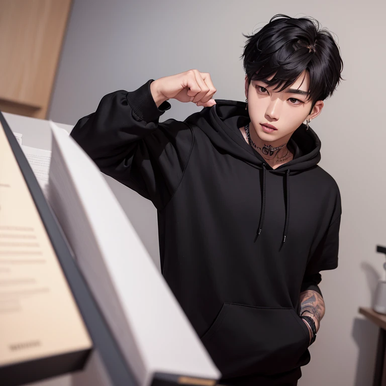 A masterpiece),(high-res),(High Quality), Young Korean man, Wide shoulders,tattoo on neck,Wearing earrings,Black Hoodie, Cold Page, One hand was in his pocket.,Black hair mixed with silver